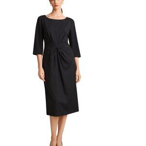 Lafayette 148 Black Wool Blend Sheath Dress 3/4 Sleeves Pleated Front Size 14